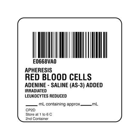 NEVS ISBT 128 Apheresis Red Blood Cells 2" x 2" BBC-0668-1